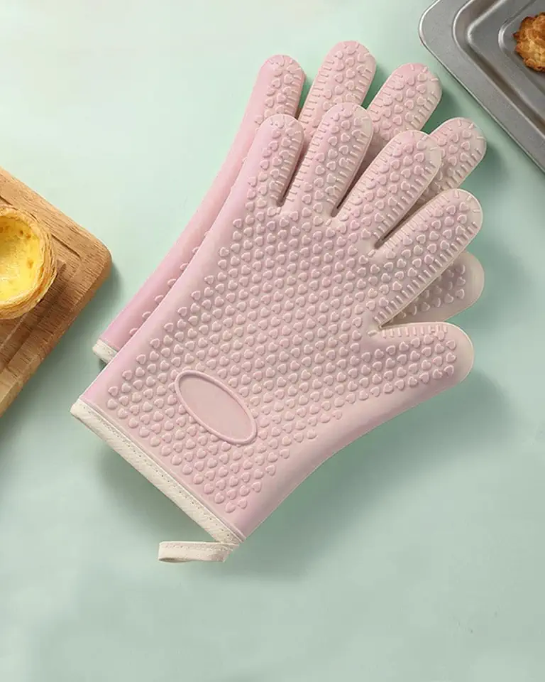 2 luvas de forno de silicone resistentes ao calor – Luvas de grelha de camada dupla com 5 dedos, luvas de forno de cozinha impermeáveis e antiderrapantes para cozinhar, assar, churrasco (rosa)