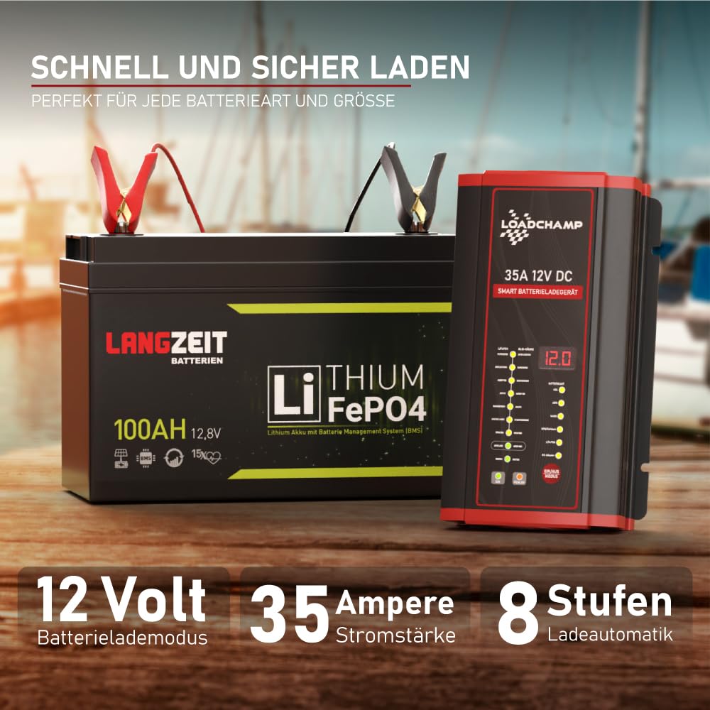 Loadchamp LiFePO4 Ladegerät 12V 35A Lithium Batterie Solar Solarbatterie Autobatterie Blei-Säure Gel AGM
