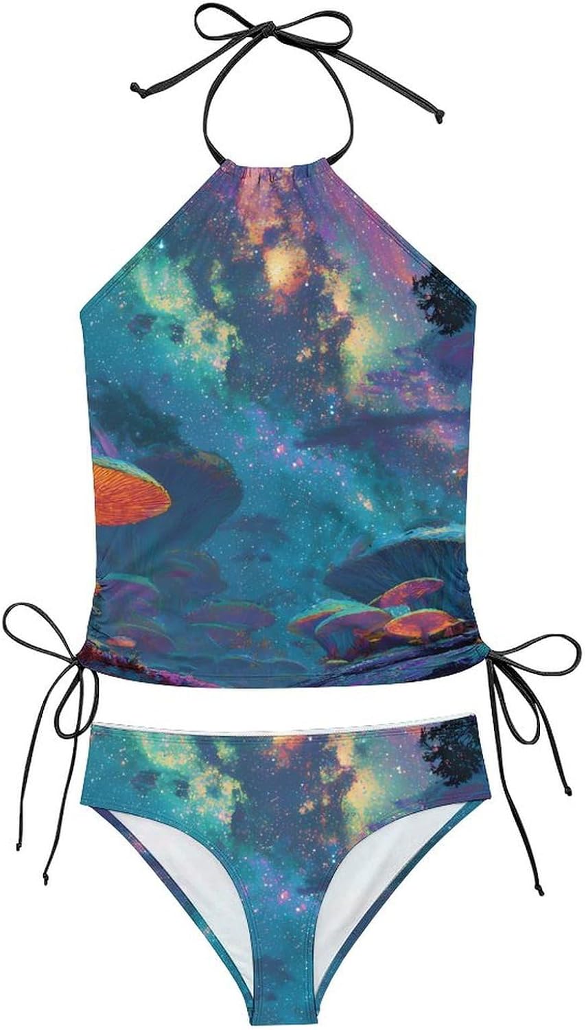 Psychedelic Mushroom Auroras Women Tankini 2 Piece Swim Bathing Suits | tummy control,high neck top with bottom,swimwear,swimsuits