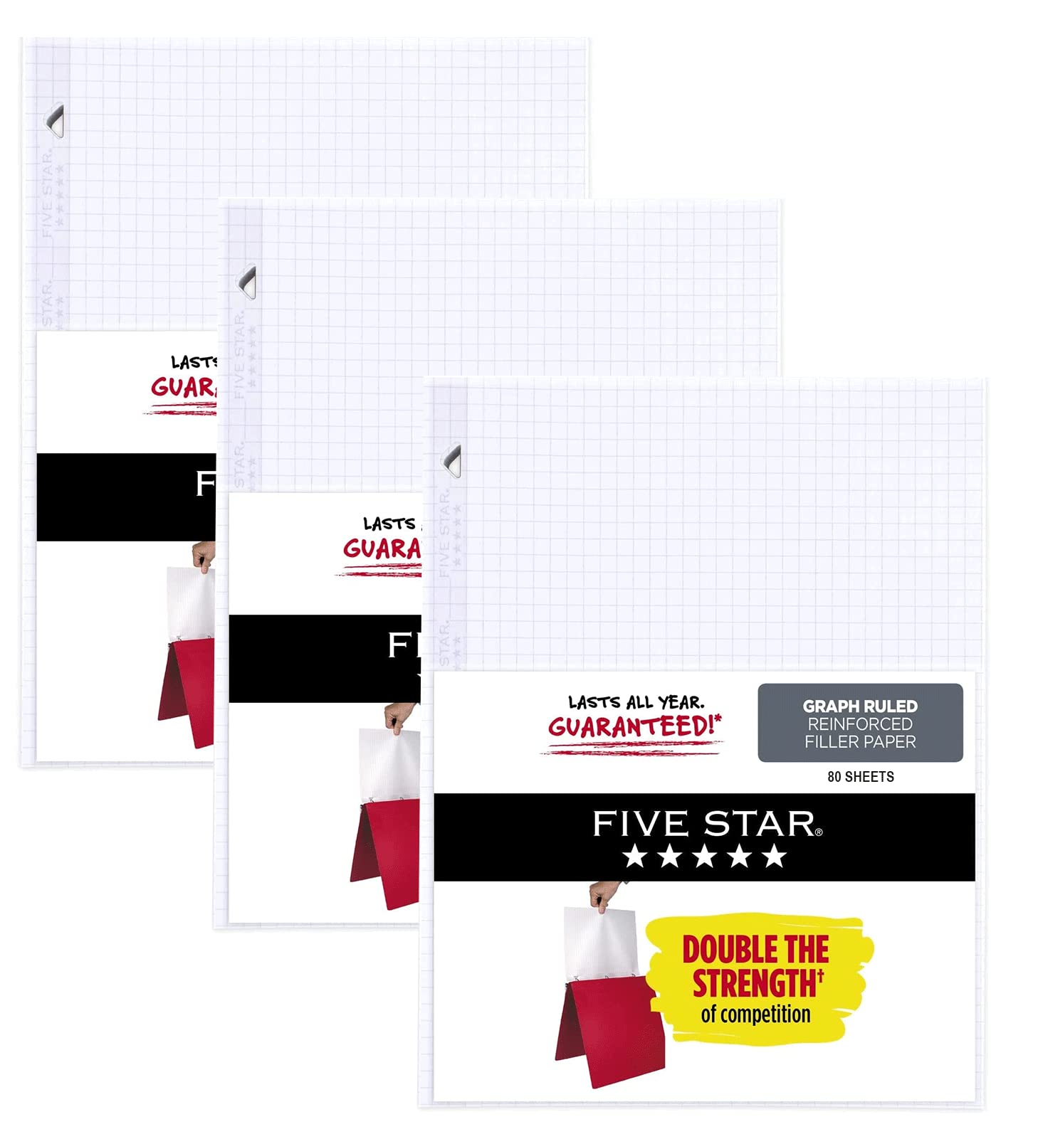 Five StarLoose Leaf Graph Paper - 3 Hole Punched - Reinforced Filler - Graph Ruled - 11" x 8-1/2" - 80 Sheets Per Pack - 3 Pack