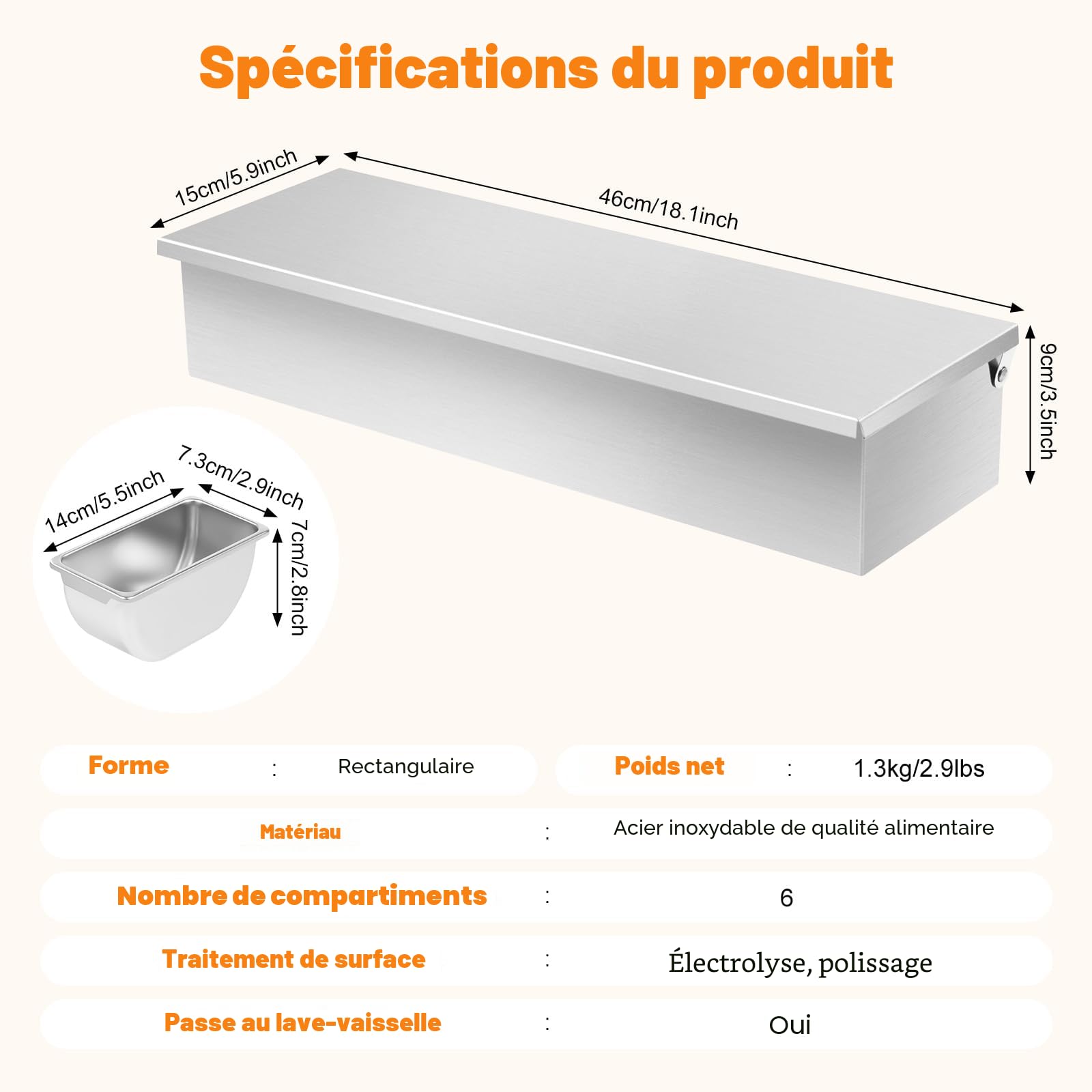 Récipient à ingrédients en acier inoxydable avec 6 compartiments - Boîte à cocktails pour bar, citron, fruits et olives