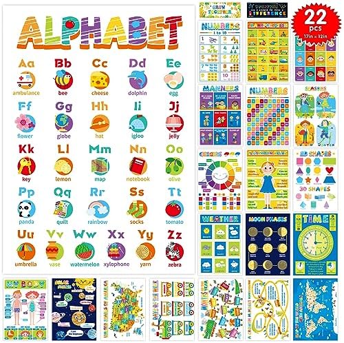 22 PCS Kids Educational Posters For Toddlers, Homeschool Supplies for Pre-K Kindergarten Daycares Elementary Teachers Classroom Decorations ABC Alphabet Poster for Toddlers 1-3 (17″ x 12″)