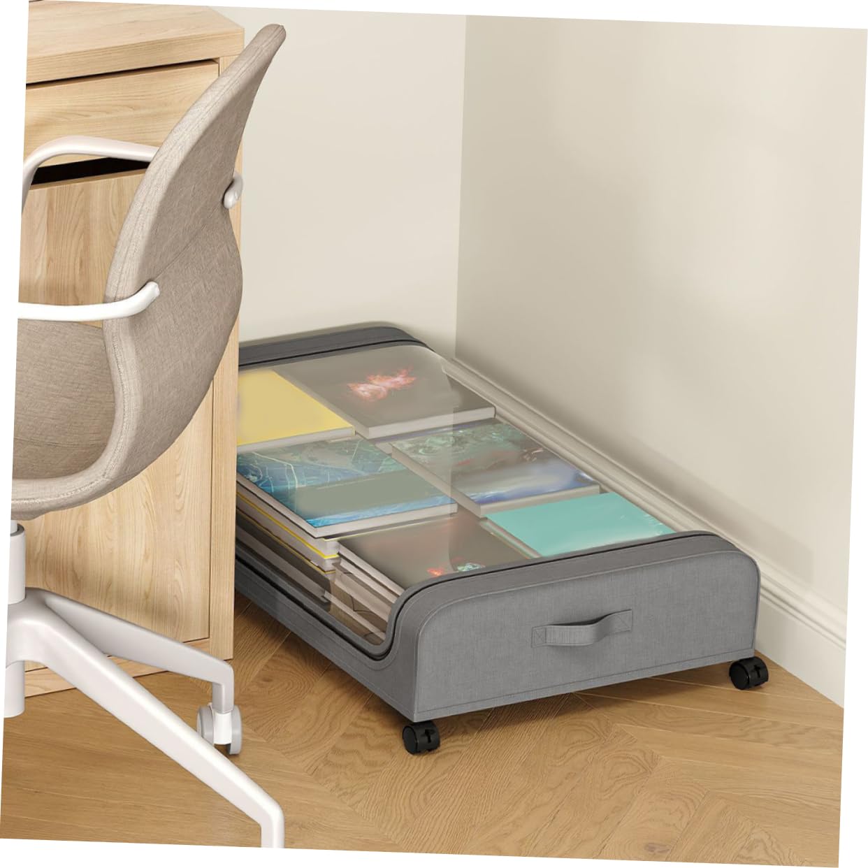 Unterbett Aufbewahrungsbox mit Rollen, Faltbar, Grau, Transparent
