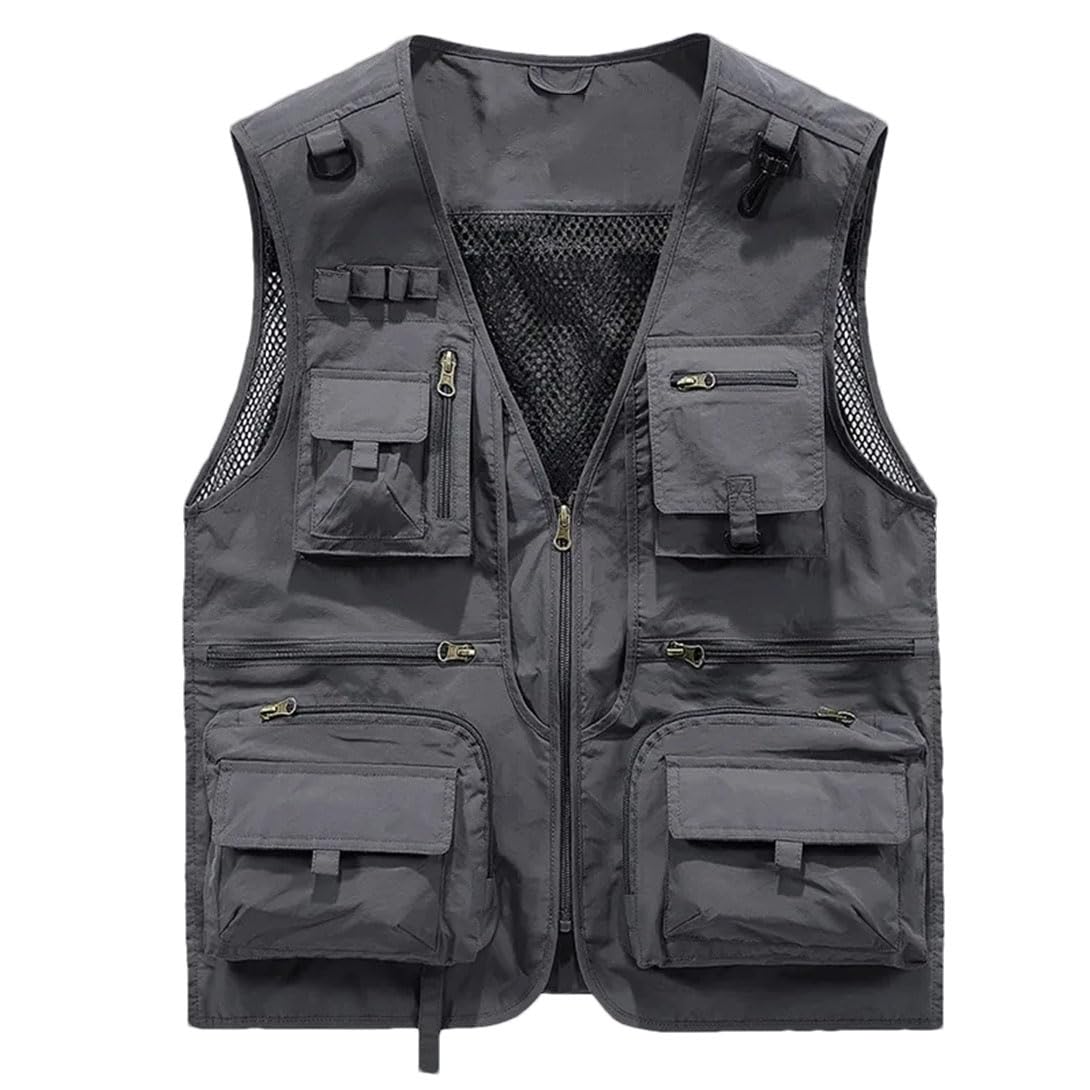 Gilet da uomo con scollo a V, senza maniche, leggero, in rete, per lavoro, caccia, viaggi, con tasche multiple