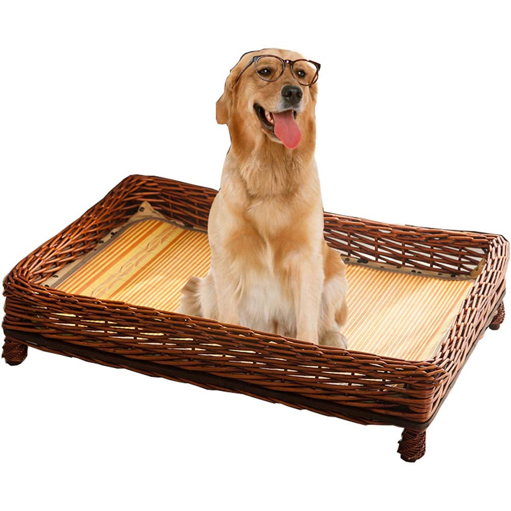 BEDS Pet Rattan Dog Basket Dog Pet Nest Padded Bolster for Indoor & Outdoor Use With Cotton and Bamboo Mattress 2 Colors Run-anmy (Color : A, Size : 83X59X13CM)
