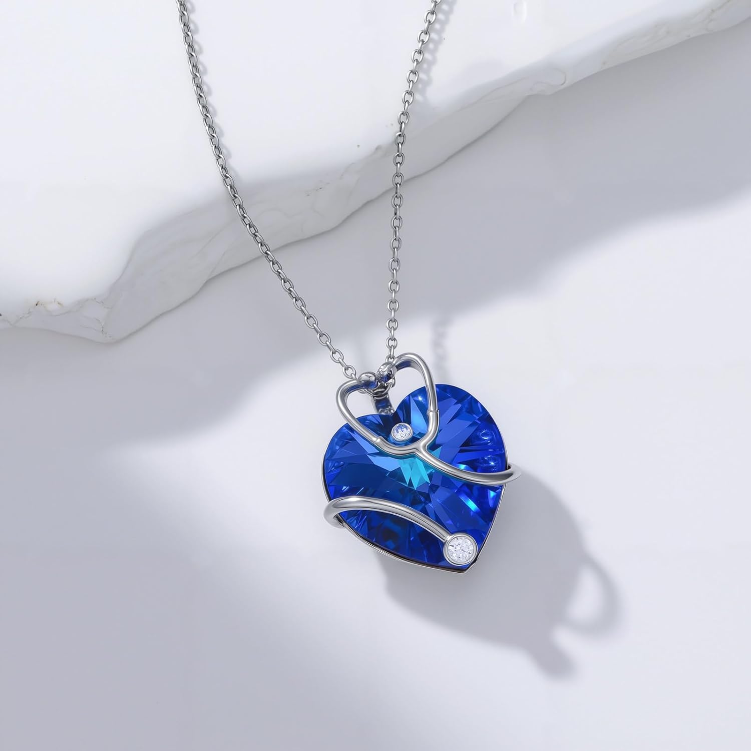 AOBOCO Nurse Gifts for Women 925 Sterling Silver Heart Stethoscope Pendant Necklace with Blue Crystal from Austria Christmas Graduation Jewelry Gifts for Nurses Doctor RN Medical Student - Image 3
