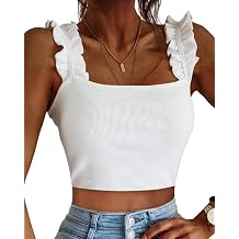 CLOZOZ Cute Crop Tops for Women Tank Tops Ribbed Ruffle Strap Square Neck Womens Trendy Going Out Preppy Tops