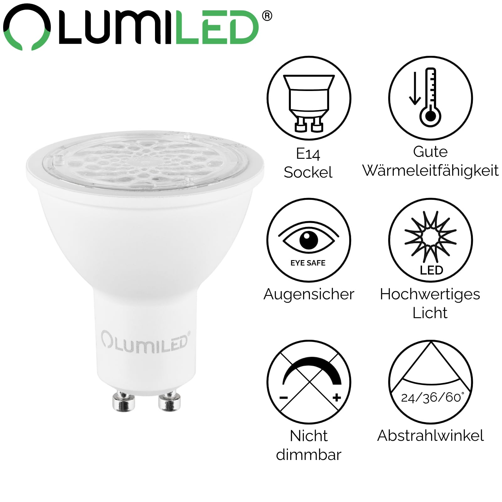 Lumiled GU10 LED, 6W 580 Lumen Leuchtmittel, 3000K warmweiß Birne Lampe Strahler Spot, ersetzt 50W 24°/36°/60° Grad Strahlwinkel Reflektorlampen Reflektor 10 Stück Energiesparlampen