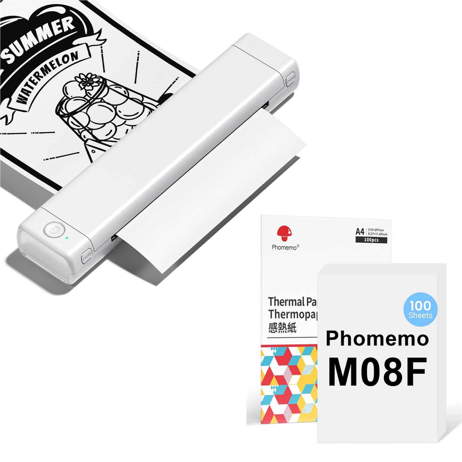Phomemo M08F A4 Weiß Tragbarer Drucker mit 100 Blatt A4 Thermopapier, Kabelloser Bluetooth Mobildrucker für Reisen, Auto, Büro & Zuhause