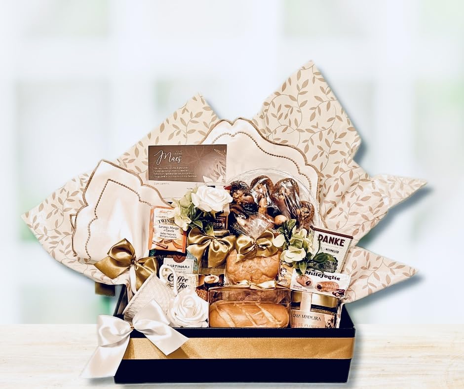 G&O Boutique Gourmet Cesta Bonjour, Café da Manhã Premium com Drip Coffee, Croissants, Pães Franceses, Bombons e Acessórios