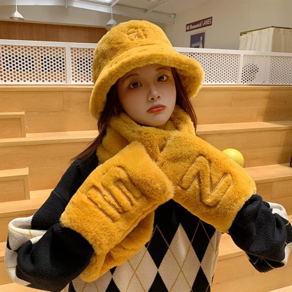 Scarf,Beanie Gloves Scarf Set Cute Bucket Hats For Teens Girls Fuzzy Bucket Hat Fisherman Hat Lady Winter Warm Scarf(Onecolor)