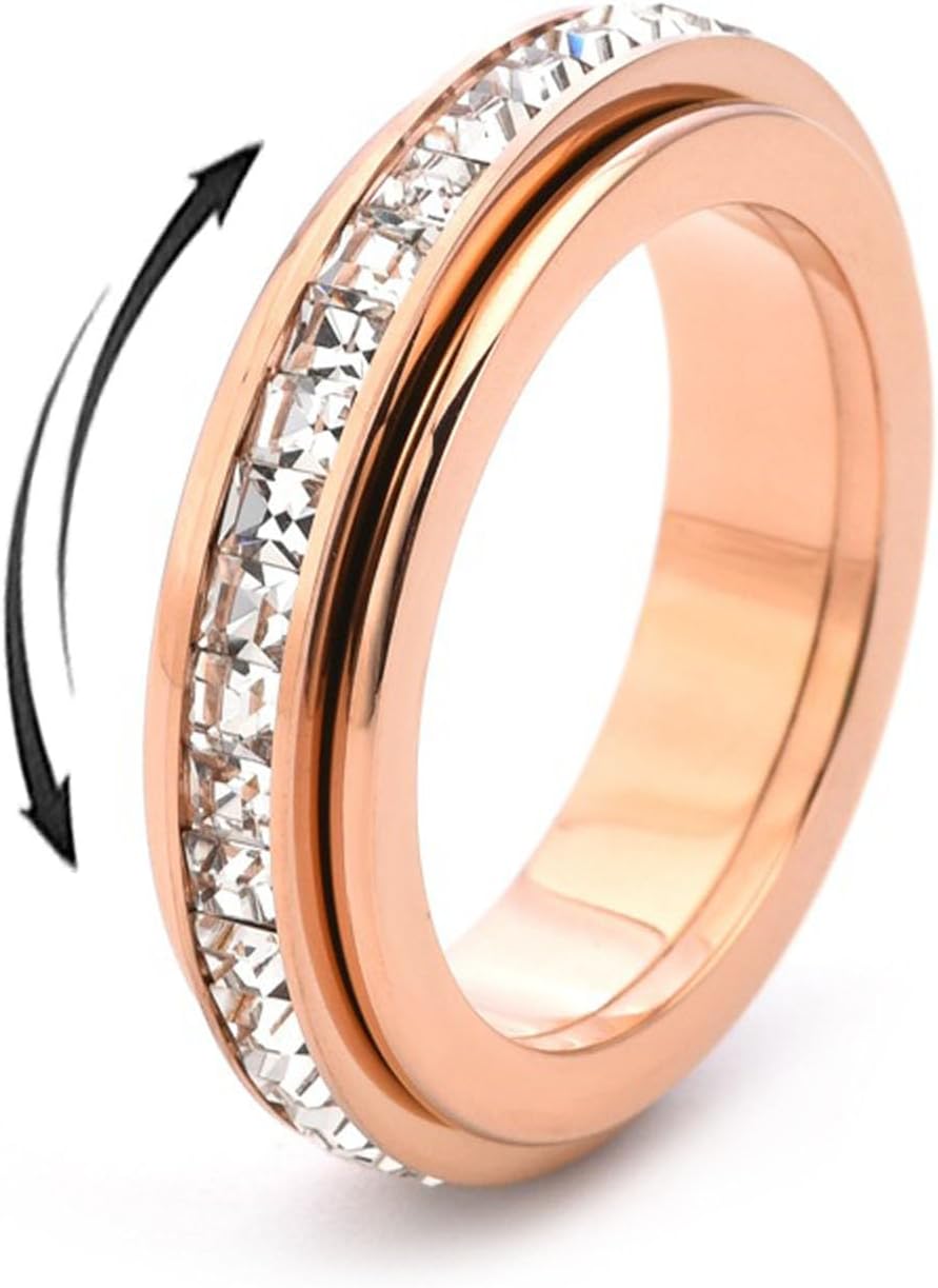 Sparkling Spinning Ring, Anxiety Rings Titanium Steel Spinner Fidget Band Rings for Women Cubic Zirconia Relieving Anxiety Wedding Promise Lucky Statement Ring Comfort Fit Size 5 to 12