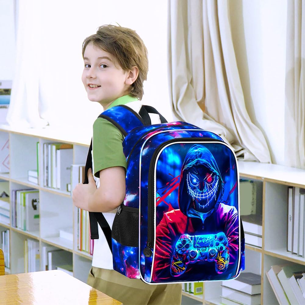 UFNDC 3PCS Boys Gaming Backpack, Boys Demon Bookbag with Lunch Box, 17" Water Resistant School Bag for Teenagers Elementary Middle