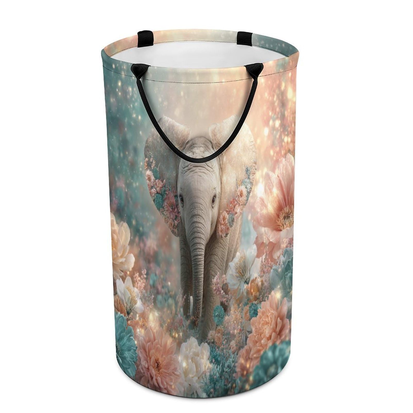 LUYYSKY Funny Colorful Baby Elephant Collapsible Dirty Clothes Basket, Cute Oil Painting Garden African Animal Elephant Flowers Portable Clothes Storage Basket