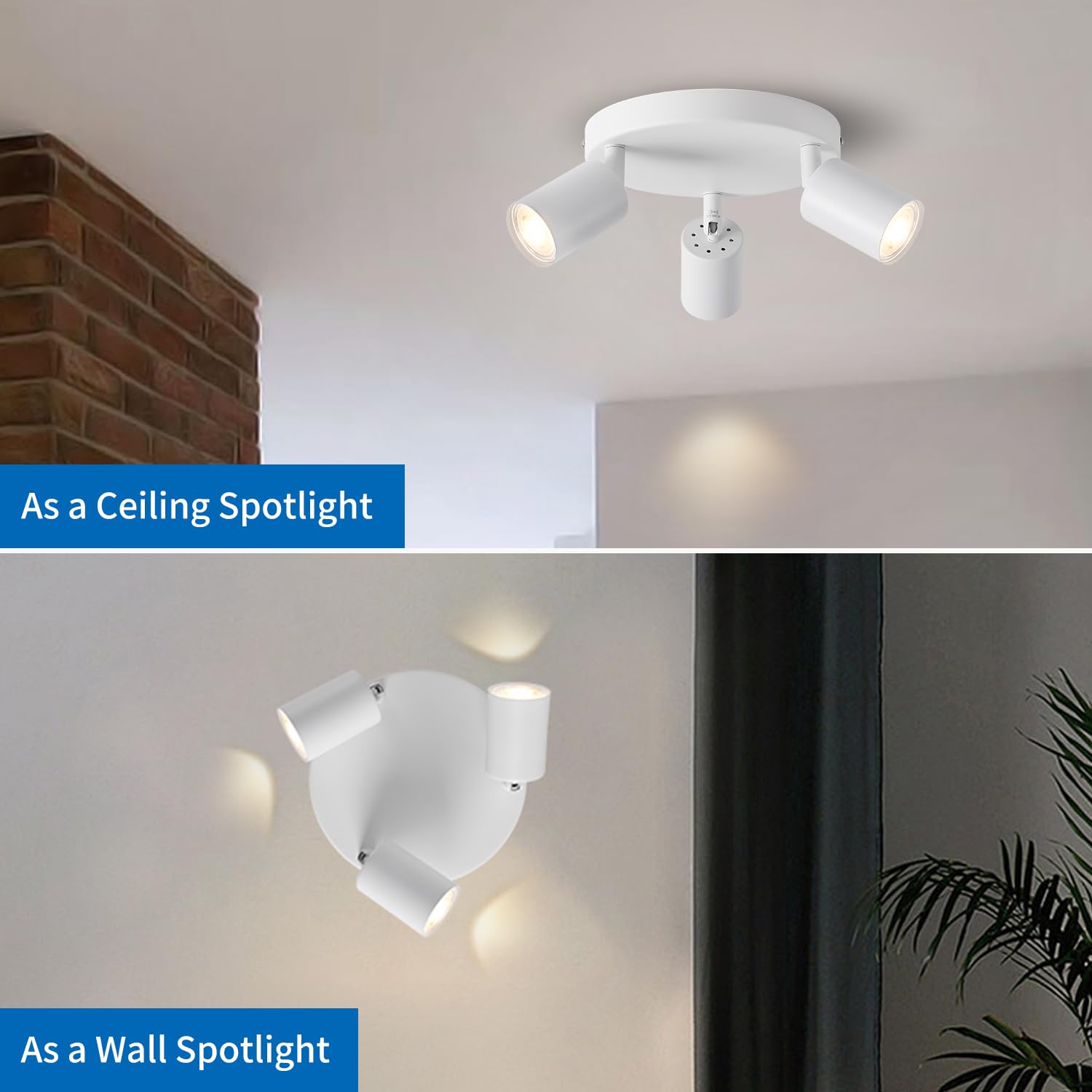 ANWIO Focos LED Interior Techo Ajustable con 3 Focos LED de Metal Blanco - Diseño Moderno y Versátil para Dormitorios y Salones(Sin Bombillas)