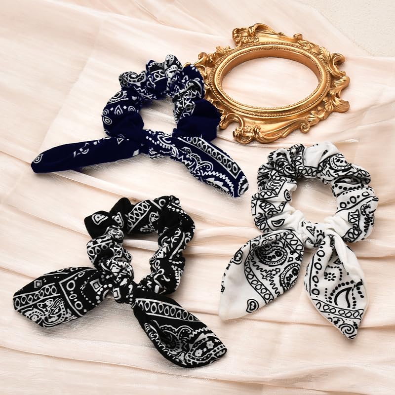 Scrunchy Hair Ties Bandana Hair Bow Ribbons for Women Bunny Ear Scrunchies for Women Girls 3Pcs Paisley Ponytail Holders - Image 5
