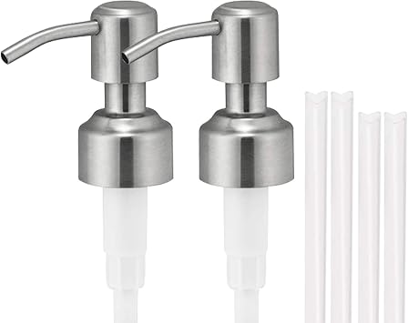304 Rust Proof Stainless Steel Soap Pump, Kitchen Soap Dispenser Pump Replacement, Silver Stainless Steel Brushed Finish,Fit Standard 8oz/16oz Boston Round 28/400 Neck BottlesPack of 2