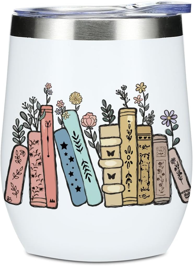 Wine Tumbler, 12 oz Coffee Mug Travel Insulated Cup Vacuum Wine Glass with Lid, Book Lovers Gifts Birthday Christmas Friendship Reading Book Accessories Bookish Librarian Gifts for Women Girls Reader