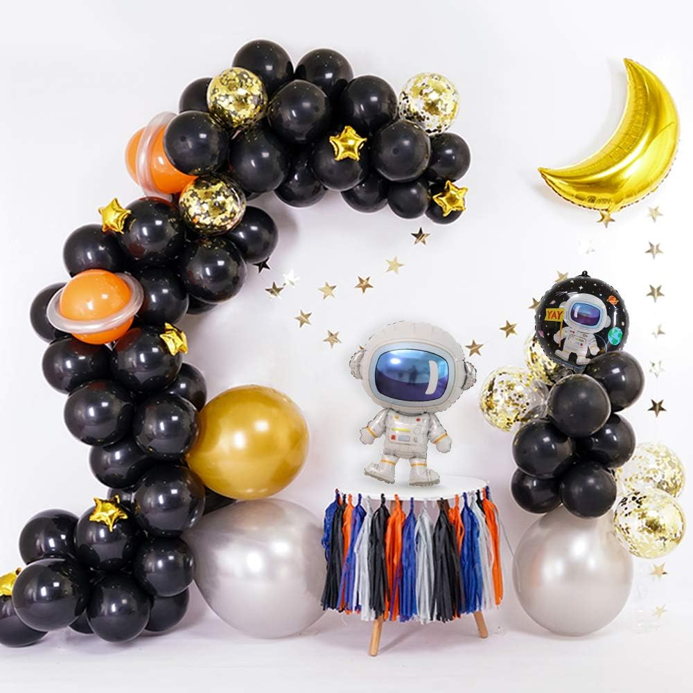 GIHOO Outer Space Balloon Garland Arch, 37” Astronaut Foil Balloon,Garland Assort with Black Orange Latex Balloon and Confetti Balloon,Paper Tassel and Star Banner for Kids Plant Theme Party Supplies