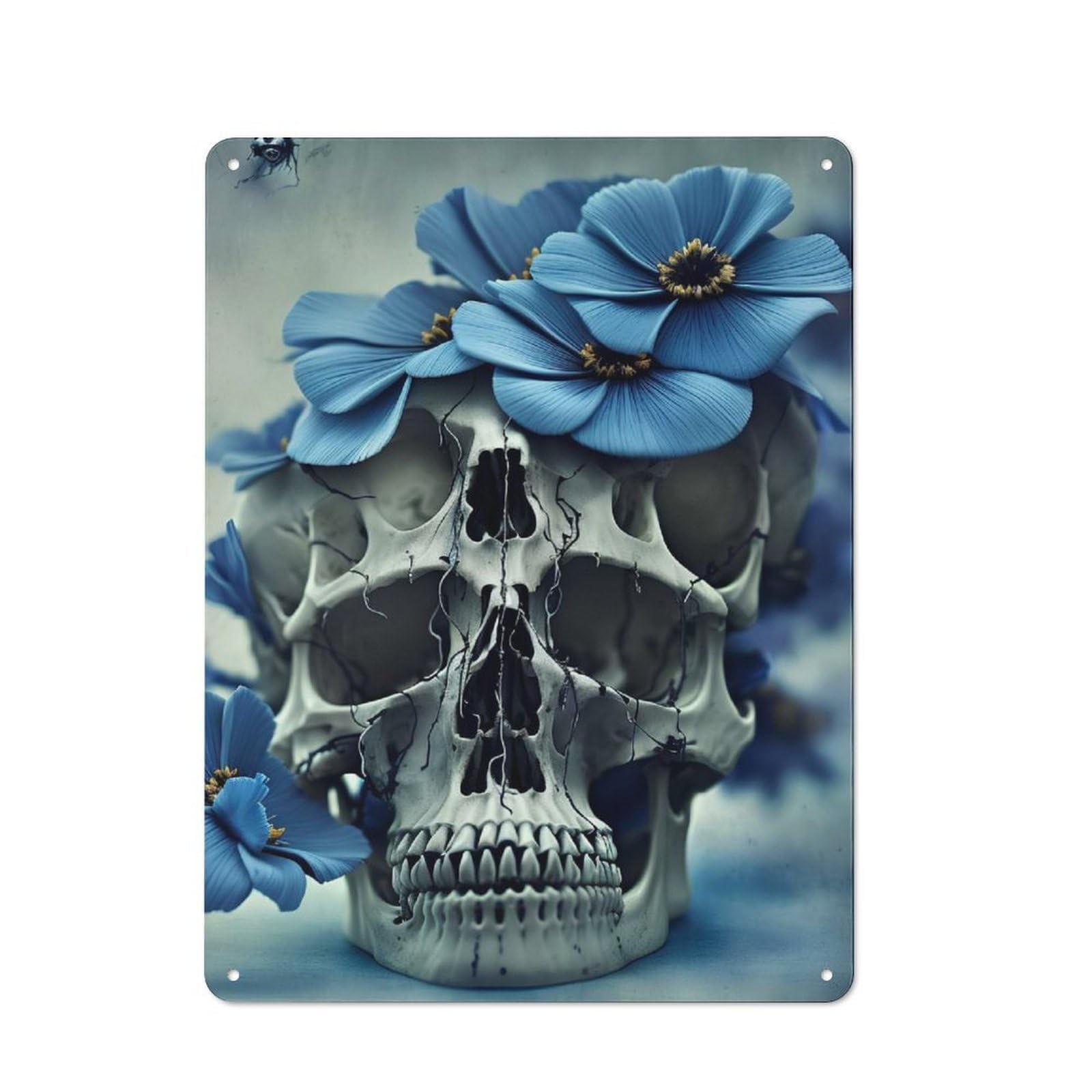 Junmoney Blue Flower Skull I Vintage Metal Wall Decor 40X30cm, Metal Gift Sign For Hallway, Home Bar, Garage Or Study