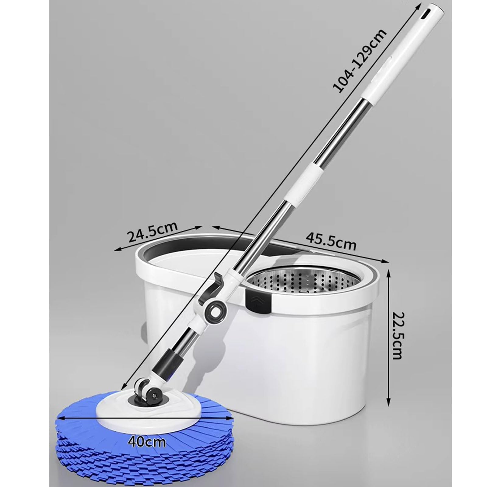 Este Conjunto de fregona y Cubo Giratorio con escurridor para el hogar Incluye: Cabezales de Microfibra giratorios de 360°, Cubo con Cesta de Secado Desmontable, fregona húmeda para Limpieza