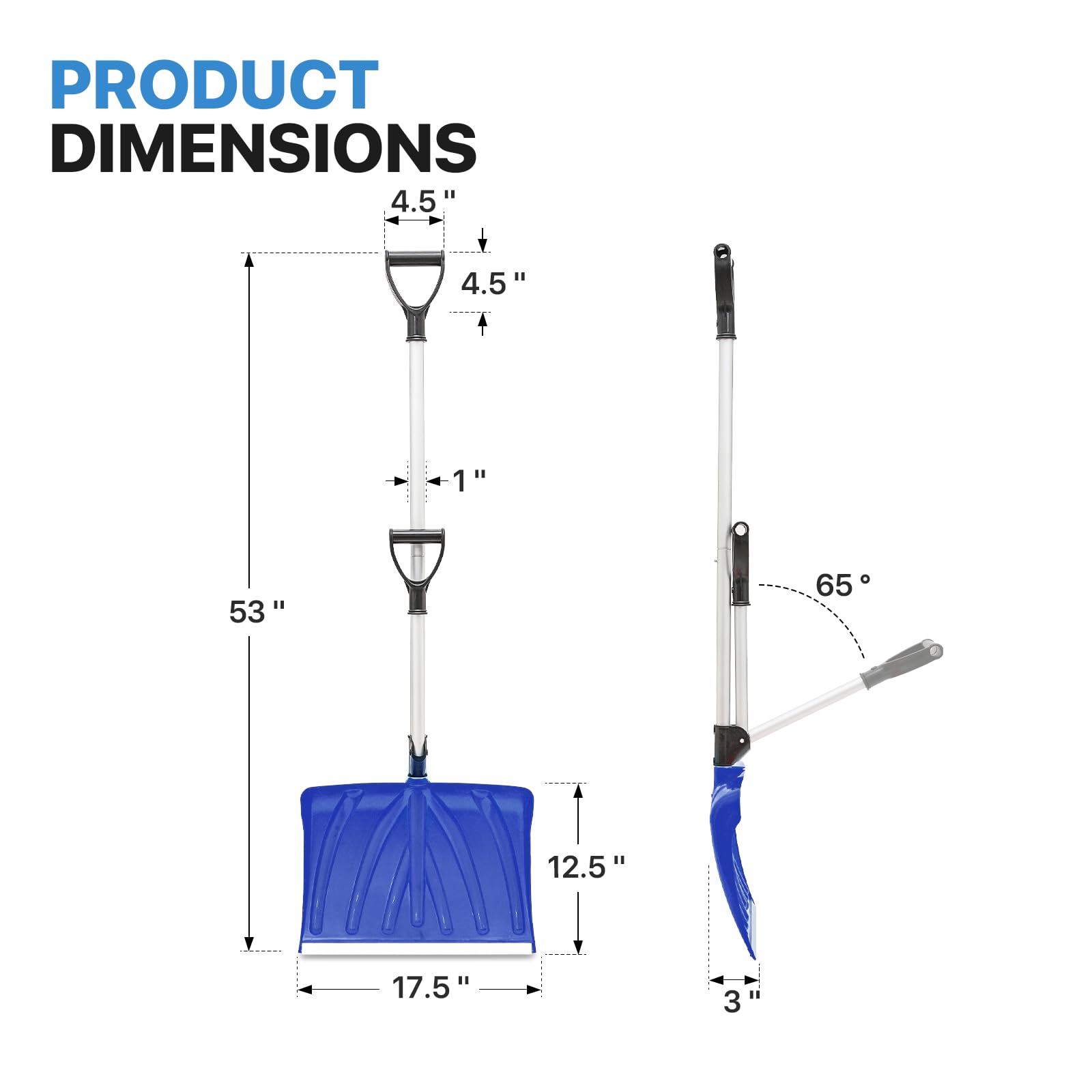 MoNiBloom Snow Shovel for Driveway Home Garage Snow Removal with Back-Saving Fore-Grip, 17.5 Inch x 12.5 Inch Blade with Aluminum Edge, D-Grip Handle Wide Snow Shovel for Fast Snow Removal, Blue