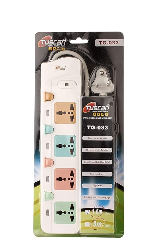 Hi-PLASST Tuscan Gold High Power(6A) 4 Switch & 4 Socket with Inidvidual Indicator 1.5Meter Surge Protector Universal Power Strip Extension Board (White)