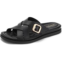 Myallfeet New Women's Summer Leather Belt Buckle Slide Sandals Simple Comfort Cloud-Like Thick Platform Slippers Fatigue-Free Non-Slip Soft Sole Travel Beach Casual Daily Wear Sandals for Ladies