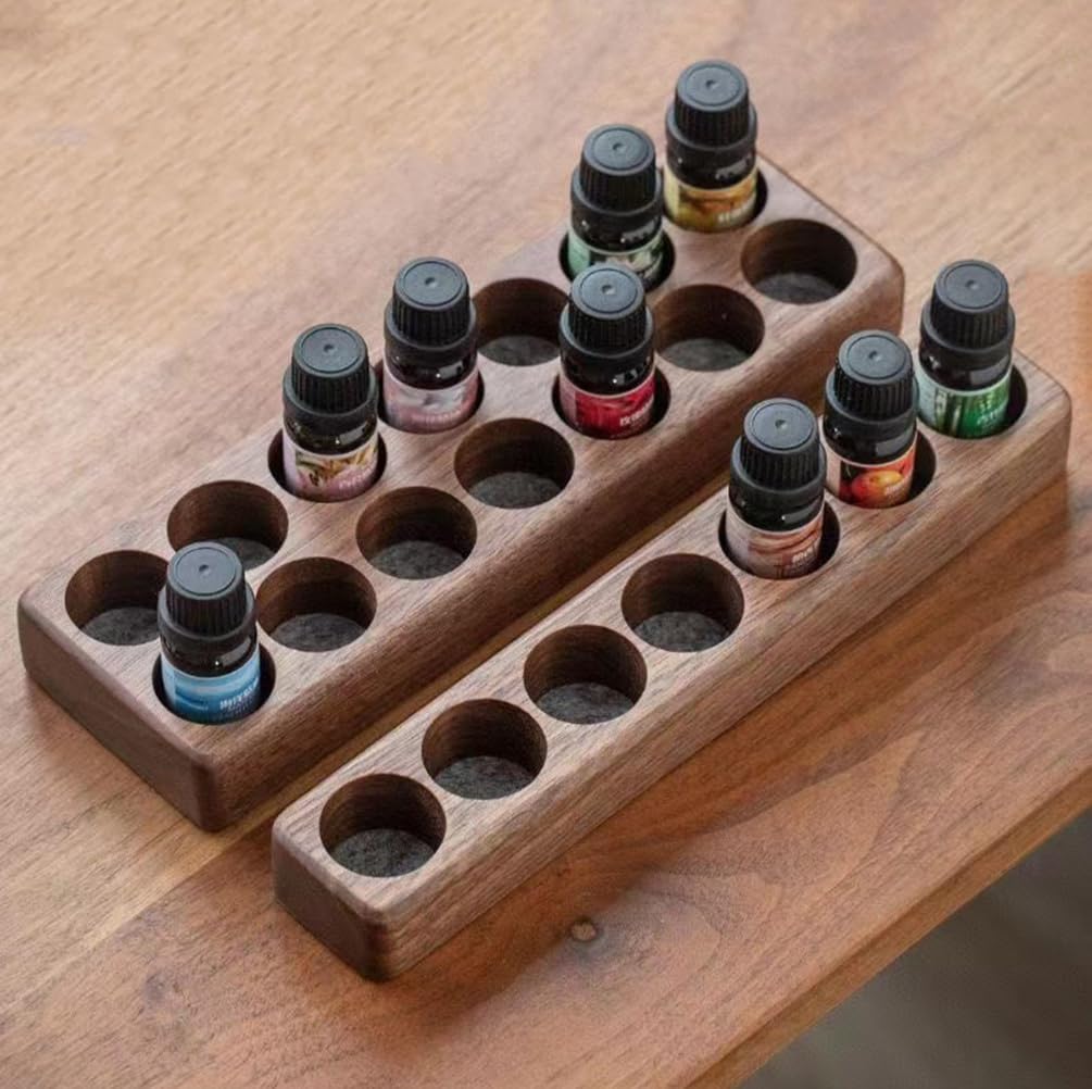 Wooden 7/14 Slots Essential Oil Organizer, Nail Polish Shelf, Durable wood Makeup Display Stand, Makeup Storage Rack for Tabletop Essential Oils Perfume Rack for 10-20ml Bottles (7 Slots)