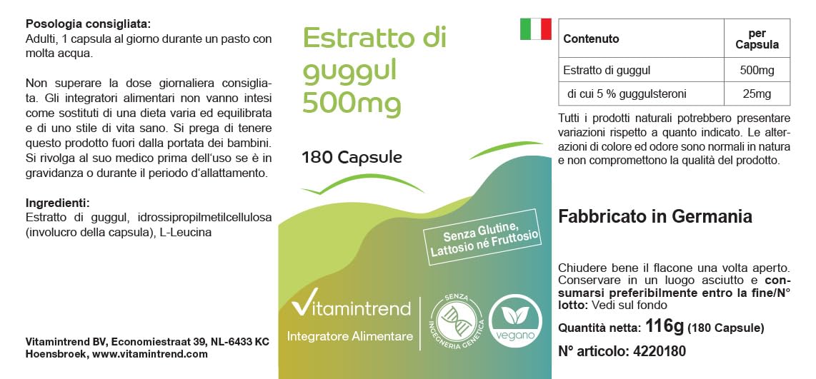 Vitamintrend Extrait de Guggul 500 mg, 180 gélules, 5% de guggulstérones, hautement dosé, végétalien sans stéarate de magnésium, fabriqué en Allemagne