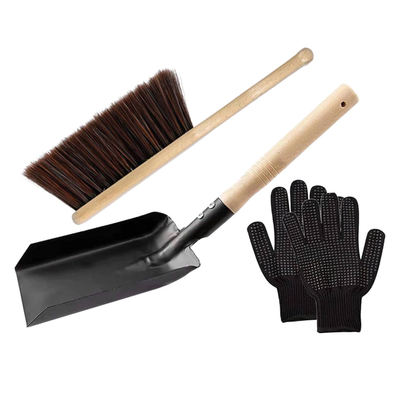 Set Strumenti per Caminetto Paletta in Acciaio al Carbonio e Scopa a Setole Marroni, Impugnatura Comoda e Facile da Riporre per Pulizia Casa e Stufa