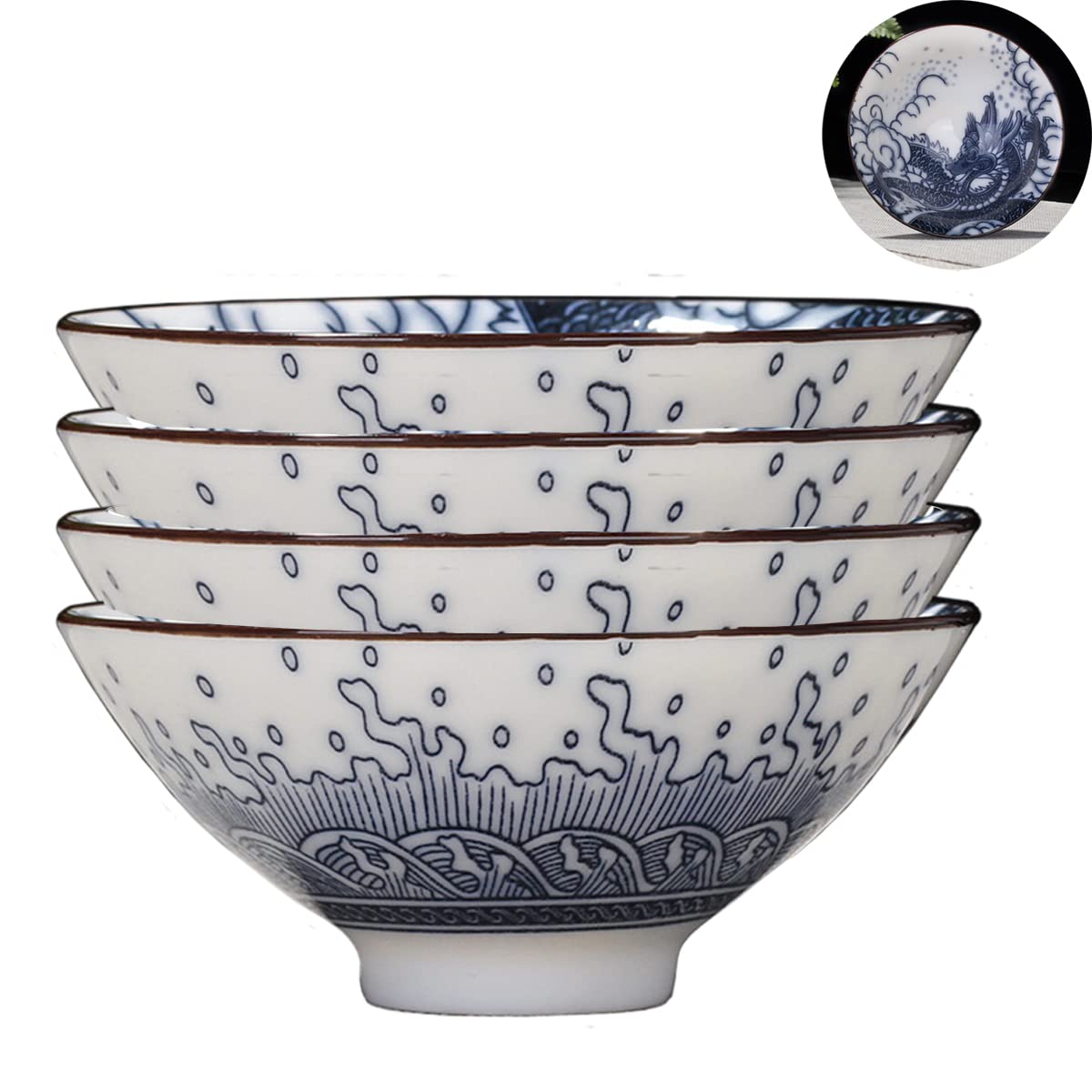 vv8oo Dargon Teacup 4 Hat Cups 2.8oz Blue and White Porcelain Glazed Tea Cup Chinese Gongfu Tea Set