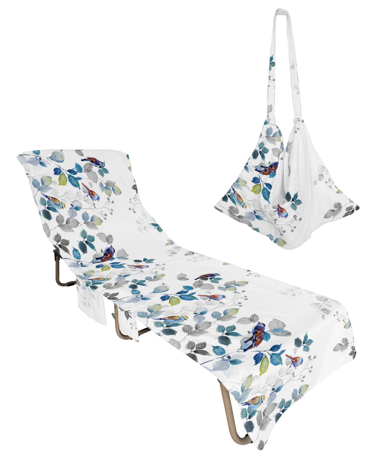 Pastoral Botanical Beach Lounge Chair Towel Cover, Soft Chaise Lounge Towel with Side Pockets Patio Pool Chairs Cover for Beach/Pool Sunbathing 29x85 Blue Teal Leaf Farmhouse Country