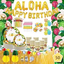 315 Pcs Luau Party Decorations, Hawaiian Party Decorations Kit For Adults - "ALOHA"&"HAPPY BIRTHDAY" Banner, Balloons, Cake Topper, Straws, Table Skirt, Dinnerware Set For 50 Guests