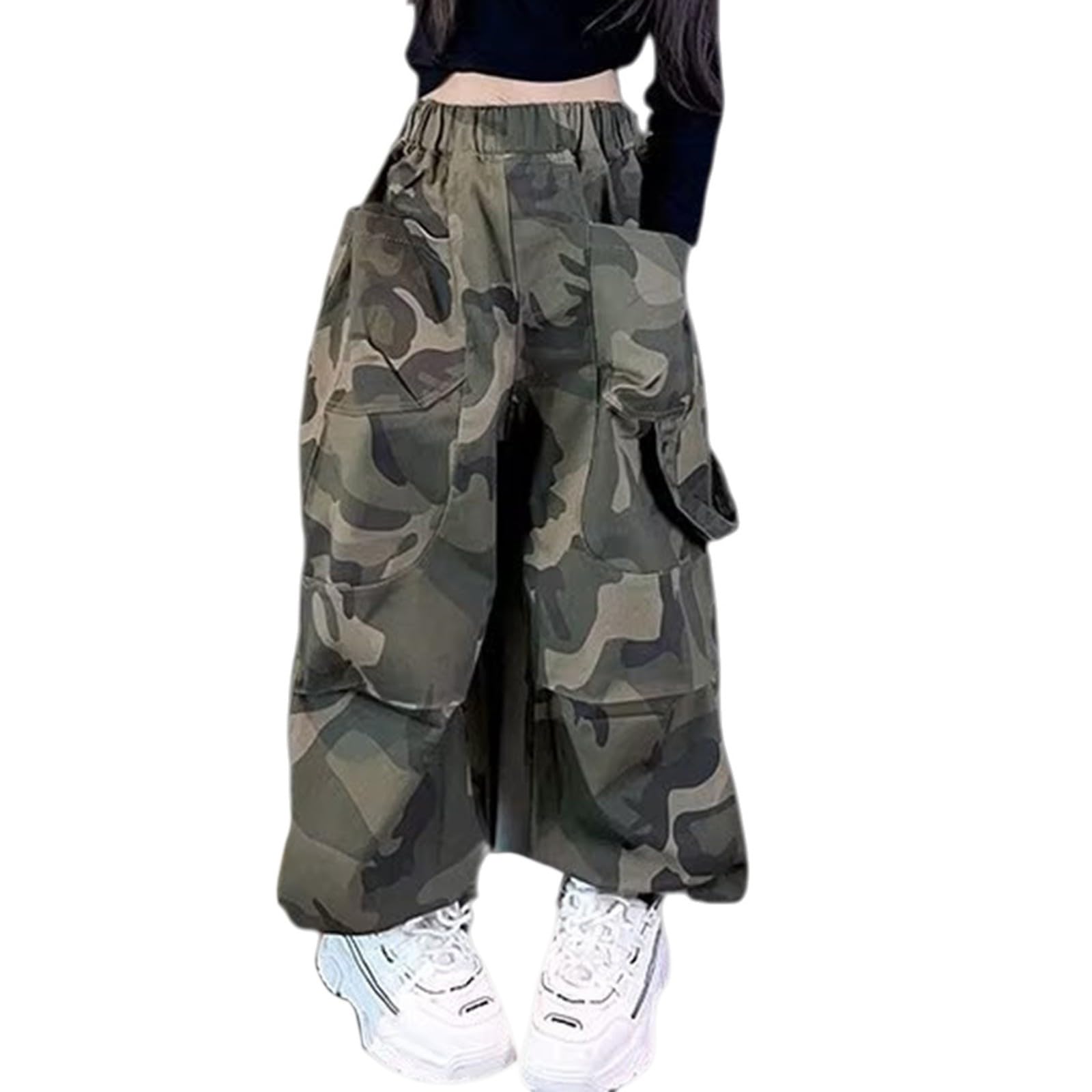 Pantalones cargo holgados para niñas, con múltiples bolsillos, estilo Y2K, hip hop, ropa urbana, pantalones de camuflaje vintage, cintura elástica, pantalones de paracaídas de pierna ancha para niños