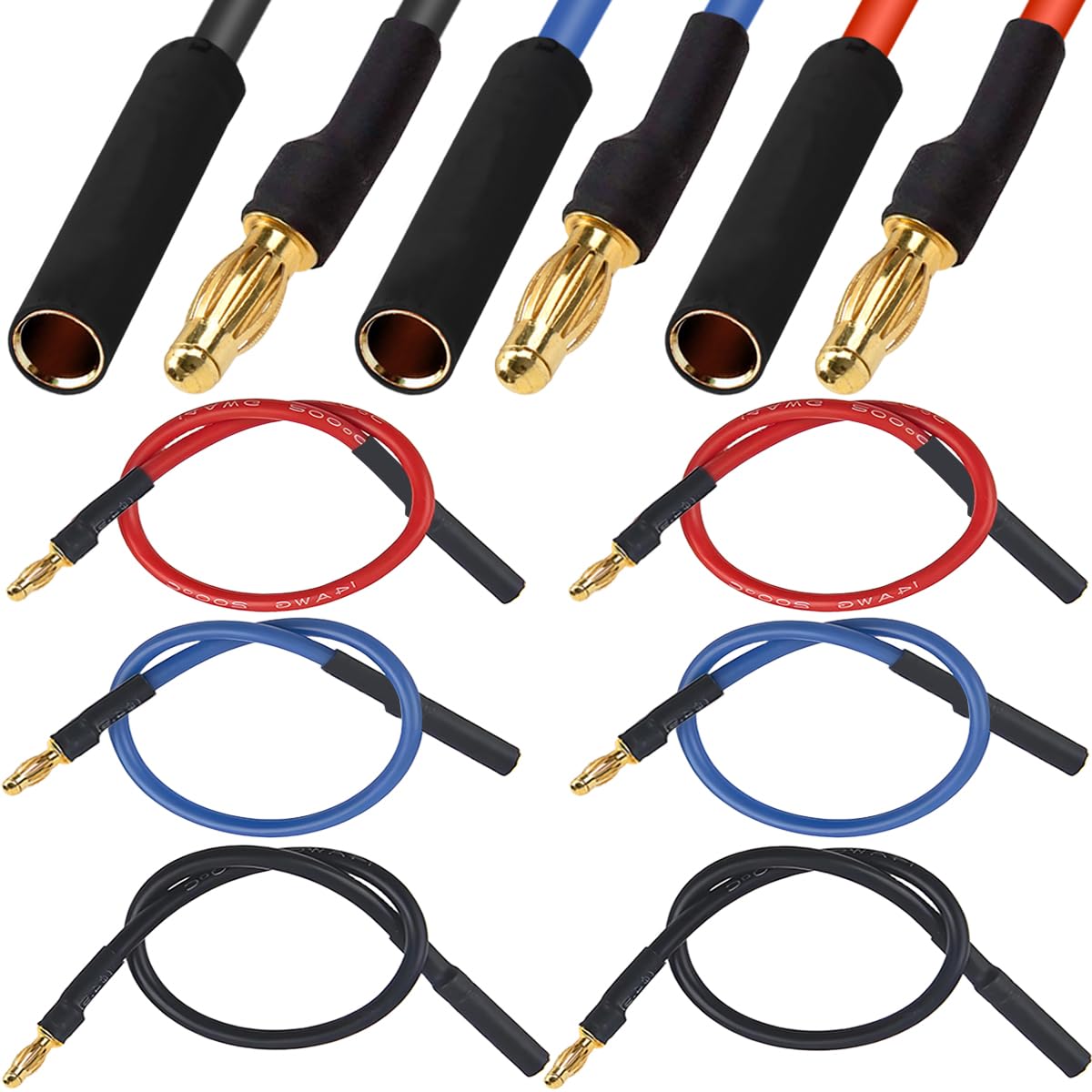 6 Pcs 4 mm Gold Banana Connector Cable 4mm Banana Bullet Plug Male Female Adapter Extension Cable, for ESC Motor, RC Brushless