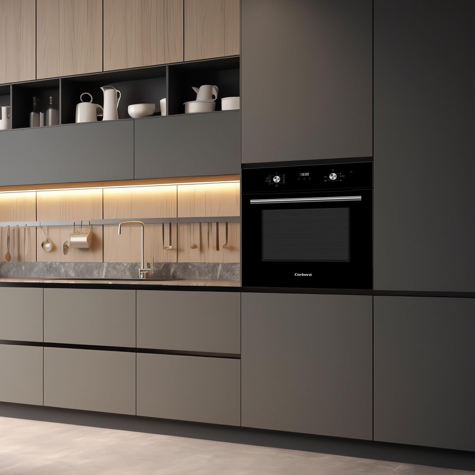 Corberó - Horno Multifunción Premium Airfry | CCHMT905N | 70L | Hidrólisis | 8 Programas | Guías Extraíbles | Mandos Push-Pull| Display táctil |3000W | Desconexión Automática | Cristal Negro