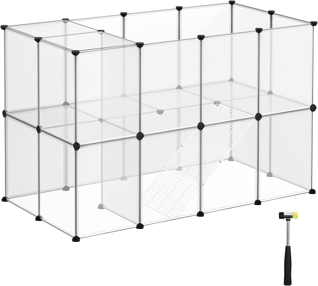 SONGMICS Wybieg dla zwierząt, klatka dla zwierząt domowych, ze schodami, 143 x 73 x 91 cm, z tworzywa sztucznego, dla małych zwierząt, świnek morskich, chomików, królików, przezroczysty LPC005W01