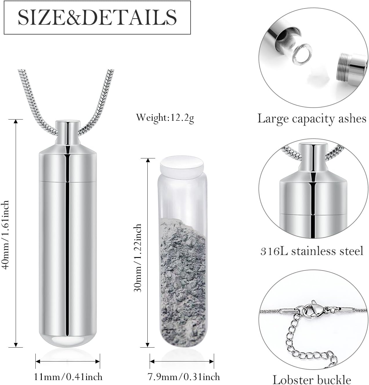 Cylinder Urn Necklace for Ashes with Glass Vials Cremation Jewelry Stainless Steel Ash Holder Keepsake Memorial Jewelry with Fill Tool - Image 2