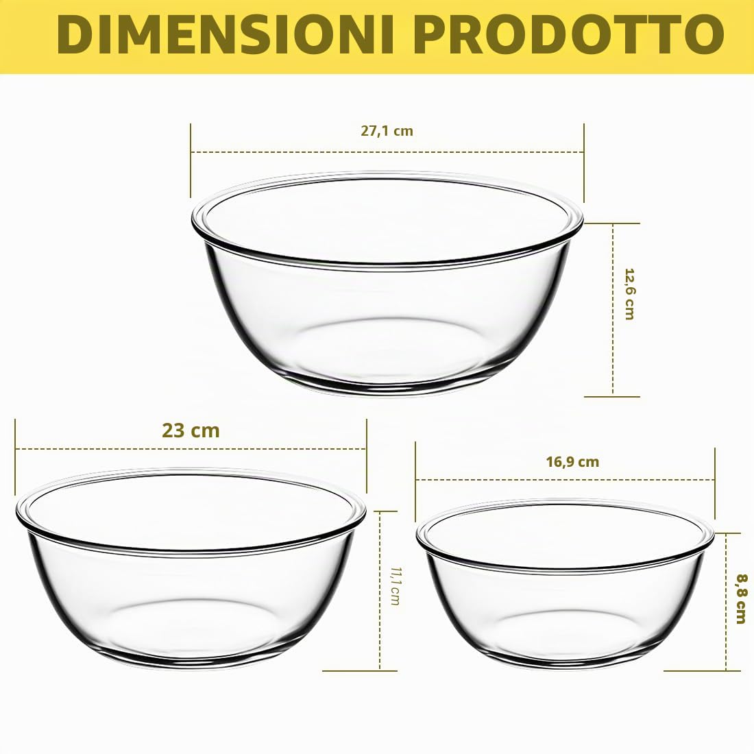 Set 3 Ciotole in Vetro Borosilicato con Coperchio Ermetico, 1050ml+2700ml+4400ml Senza BPA Resistente al Calore Impilabili per Cottura Forno Conservazione e Pranzo