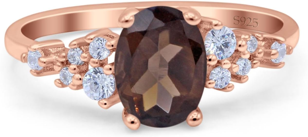 OMRANII Art Deco Oval Natural Chocolate Smoky Quartz Cluster Round Cubic Zirconia Vintage Style Solitaire Wedding Engagement Ring Solid 925 Sterling Silver Gift For Her