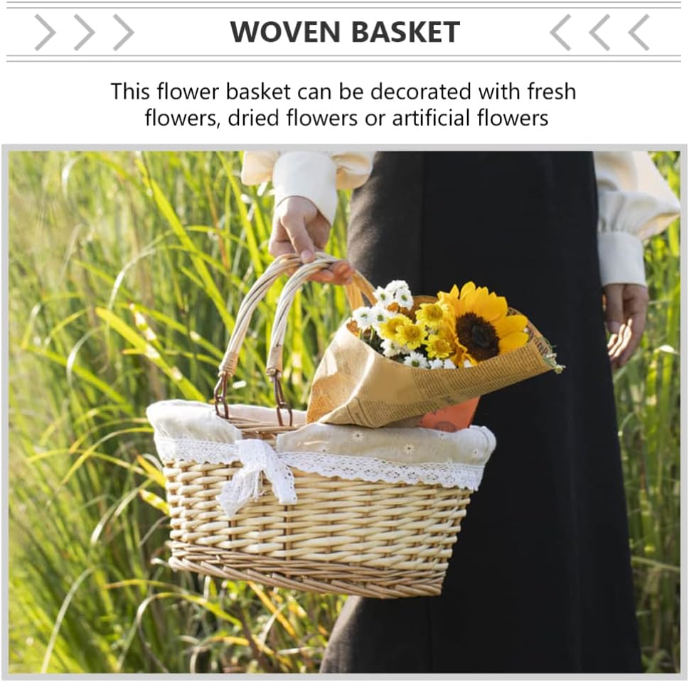STOBOK Willow Woven Storage Basket Picnic Basket Elegant Design for Weddings Home Decor and Flower Girls for Flowers Candies and Items