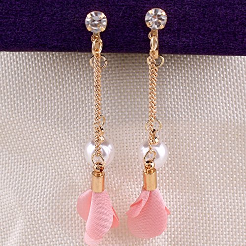 Grace Jun™ Handmade Frabic Flower Simulated Pearl Tassel Clip On Earrings No Pierced For Women Gold Platedear Clip (Pink) #TOP4