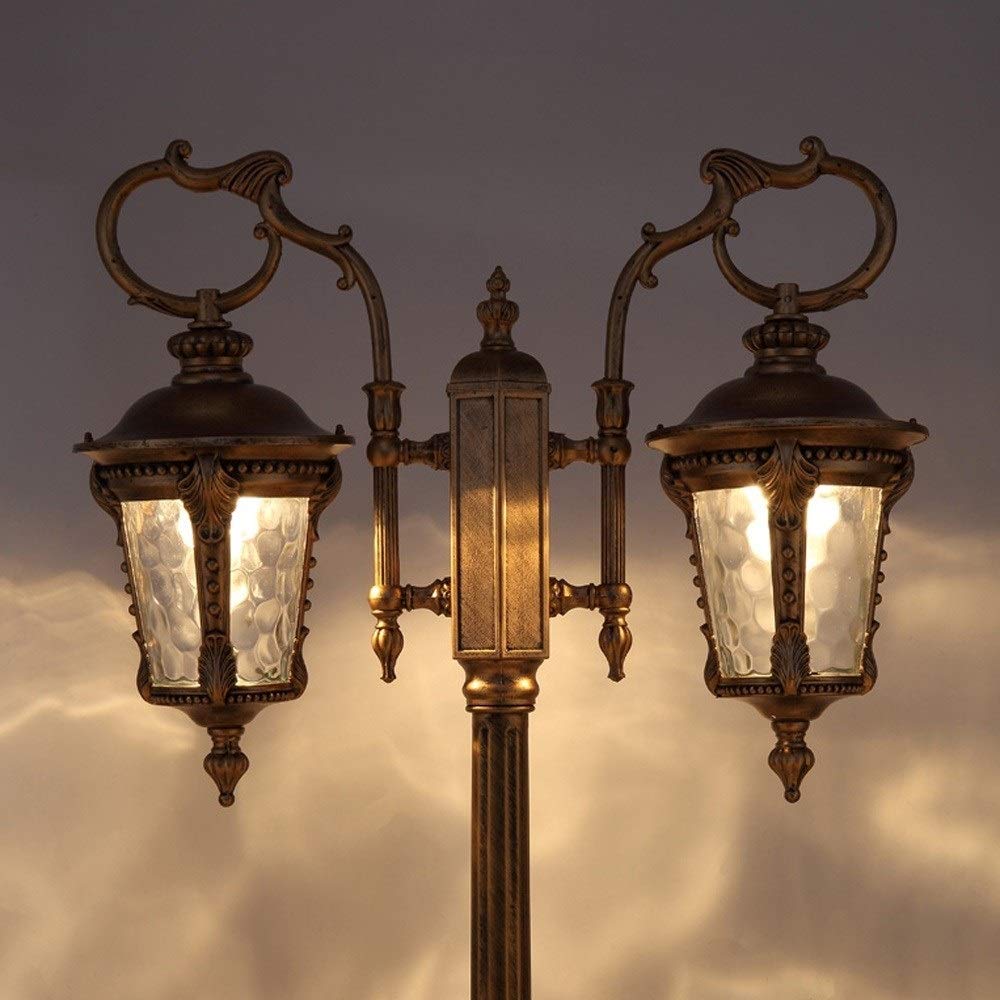 2 luci, palo Alto, Lanterna in Vetro E27 IP54 Impermeabile, lampione da Esterno per vialetti, Lampada a Colonna in Alluminio pressofuso Stile retrò Europeo, Illuminazione,Black_Height 2.95m