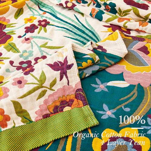 Boho Throw Blanket 50" x 60", 100% Organic Cotton Skin-Friendly Soft Bed Quilt Throw - All Season Floral Rustic Farmhouse Decor Luxury Blanket for Sofa Couch Chair and Gift.