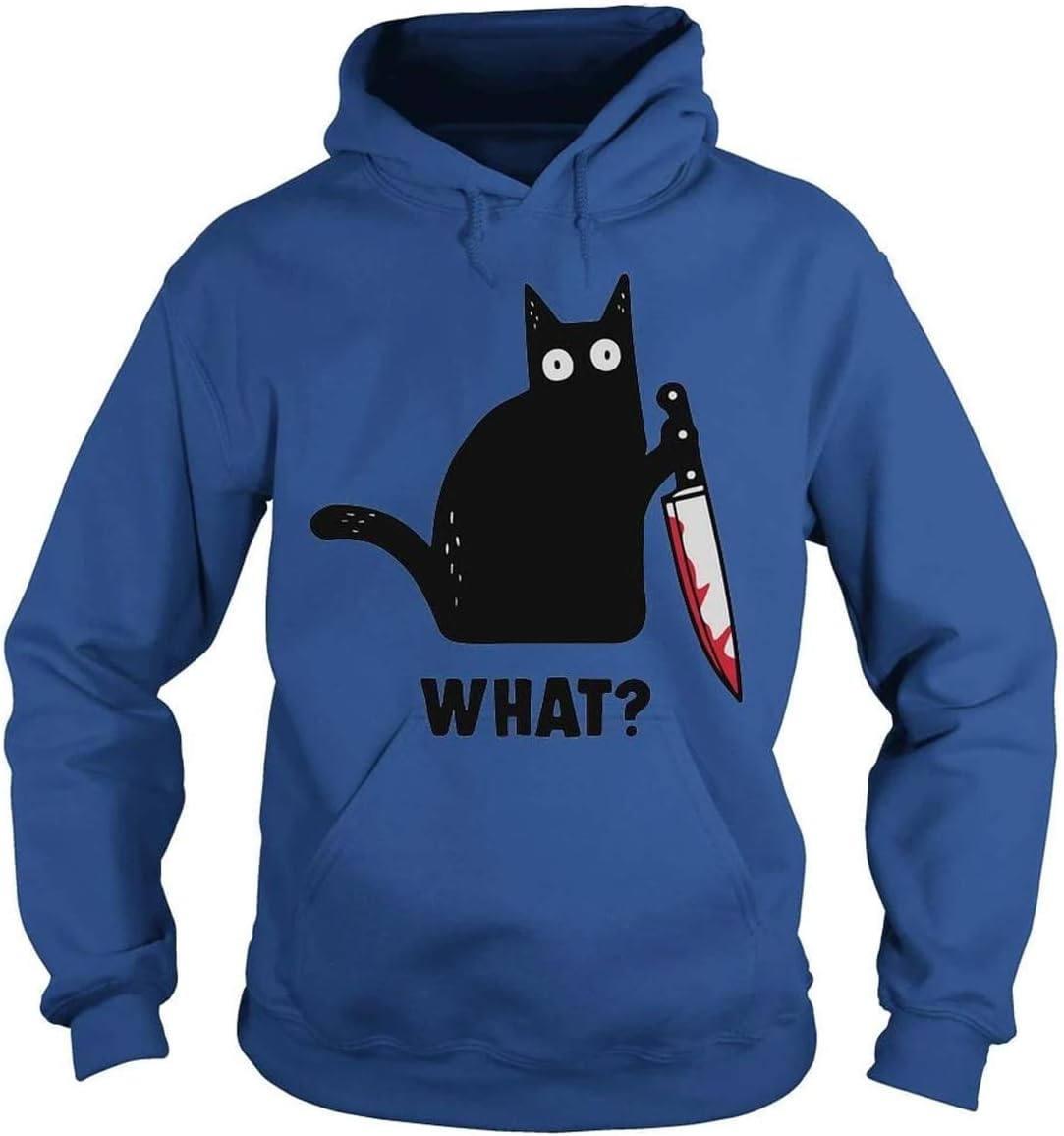 BustedTees What Cat Shirt with Knife Cute Black Cat Funny T-Shirt for Men and Women - Quality Men's Unisex Shirts