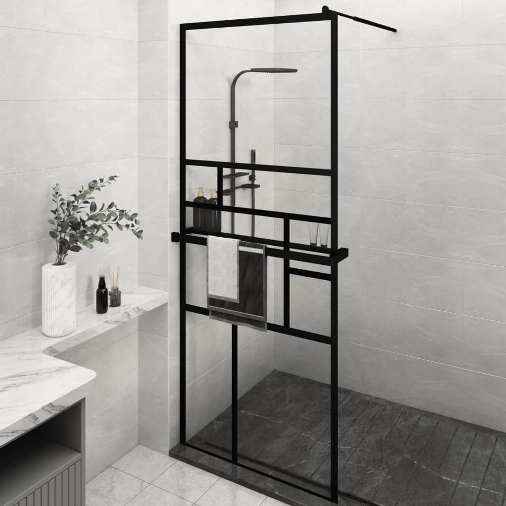 Walk-in Shower Screen 31.5" x 76.8" with Integrated Storage Shelf, Frameless Black Aluminum Profile, ESG Safety Glass Partition for Bathroom Modern Enclosure