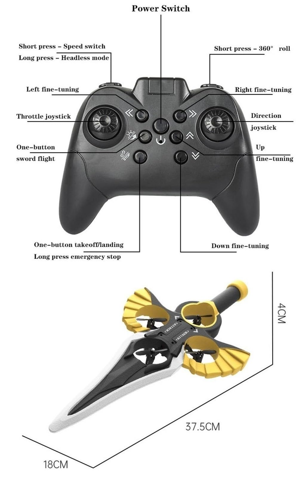 Spada Volante Remota, Spada Volante Acrobatica A 360°, Aliante RC, Spada Volante Interattiva, Drone for Adulti, Spada Volante Telecomandata E Manuale con Luci LED(Black Gold)