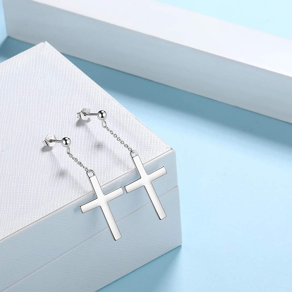 Jewmon 925 Sterling Silver Cross Dangle Earrings for Women Mens Cross Earrings Studs Amulet Religious Christian Jewelry Christmas Birthday Gifts for Daughter Son Wife Husband Friends Couples Gifts