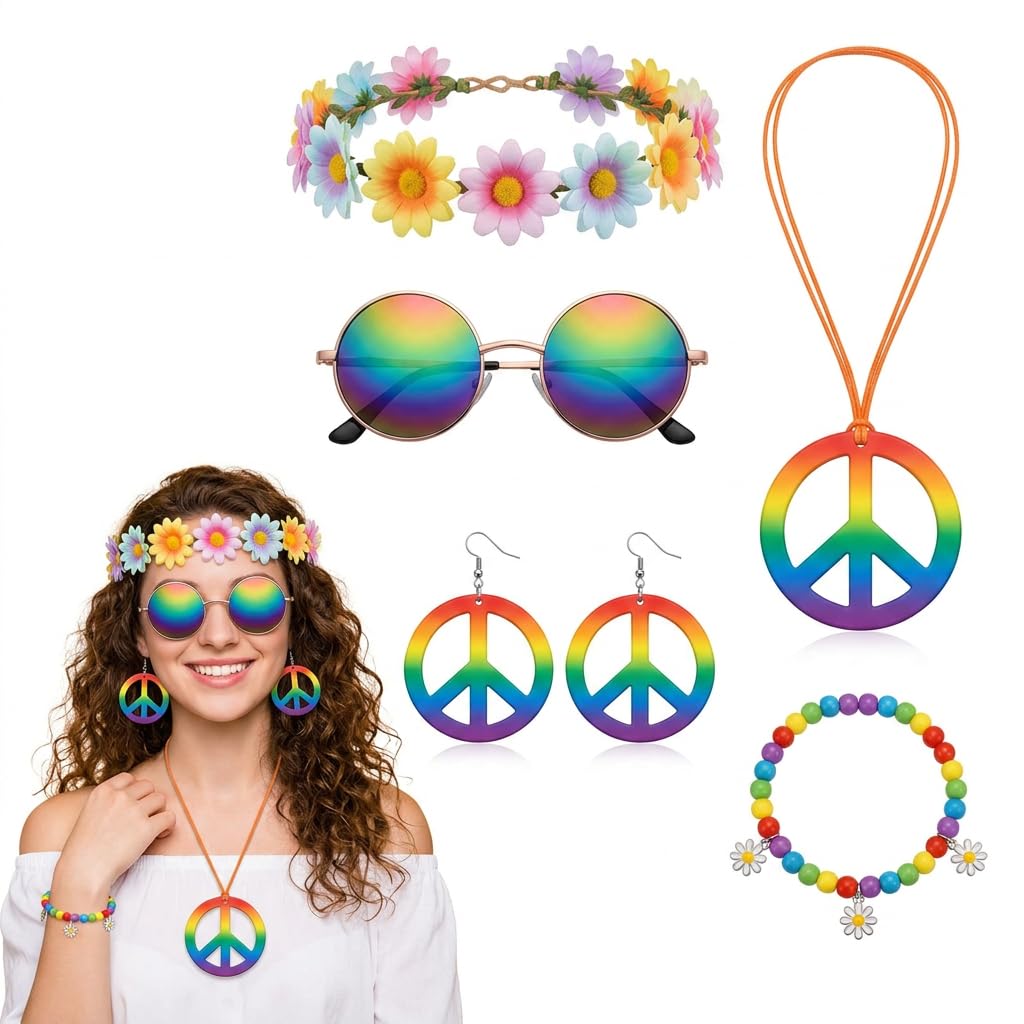 Kuwuarg 6Pcs Hippie Accessories Set, 70s Costume Jewelry for Women